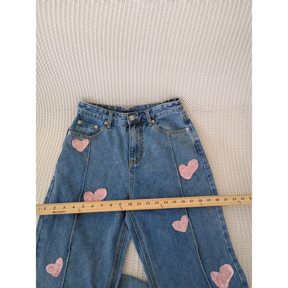 CIDER PINK Closet Sequin Heart Straight Leg Jeans High Rise Side Slit S 25x30 - Picture 9 of 10